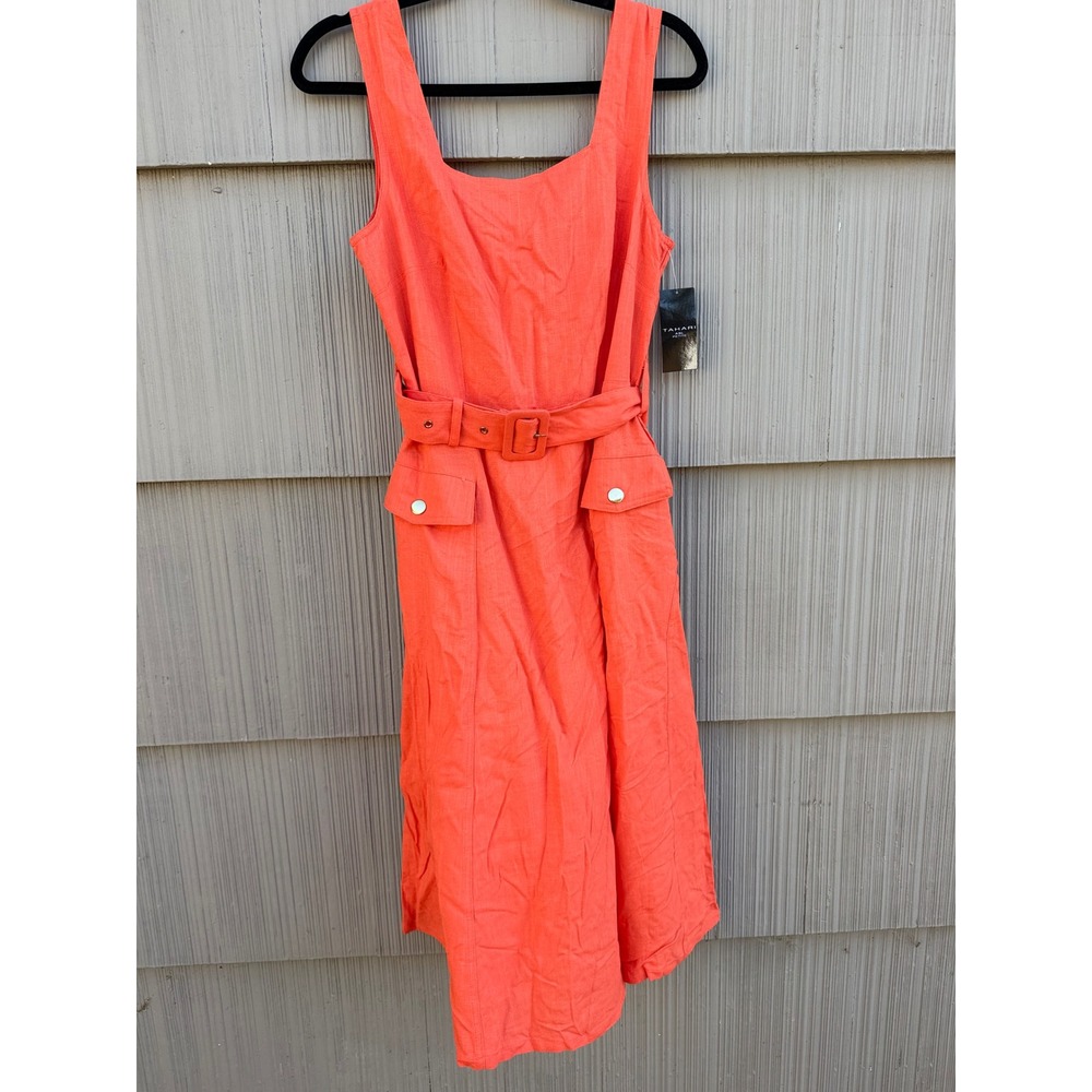 Tahari ASL Petite Orange Rayon Linen Belted Midi Dress Square Neck 8P DBP644 NWT